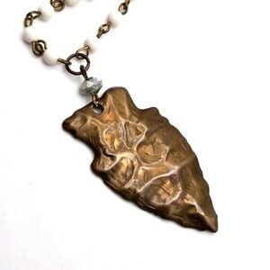 Vintage Brass Arrowhead Pendant White Acrylic Beads on Goldtone Chain Necklace